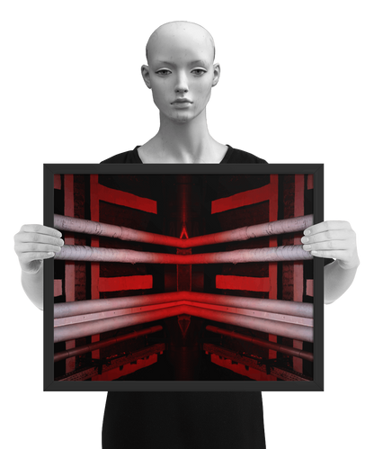 un4rt - the photographie is doubled and then mirrored to create the final image. the photographie shows a brick ceiling with pipes and plastered beams. the ceiling is black, but the pipes and the beams are lightened in red and light grey. the image is framed and presented by a mannequin in black and white.