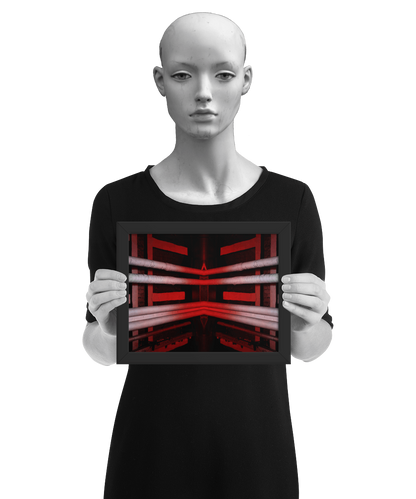 un4rt - the photographie is doubled and then mirrored to create the final image. the photographie shows a brick ceiling with pipes and plastered beams. the ceiling is black, but the pipes and the beams are lightened in red and light grey. the image is framed and presented by a mannequin in black and white.