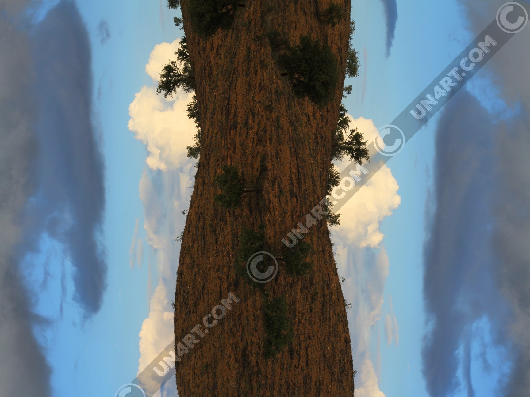 un4rt - the photographie is doubled and then mirrored to create the final image. the photographie shows a dry hilly landscape with some trees and a blue sky with grey and white clouds.