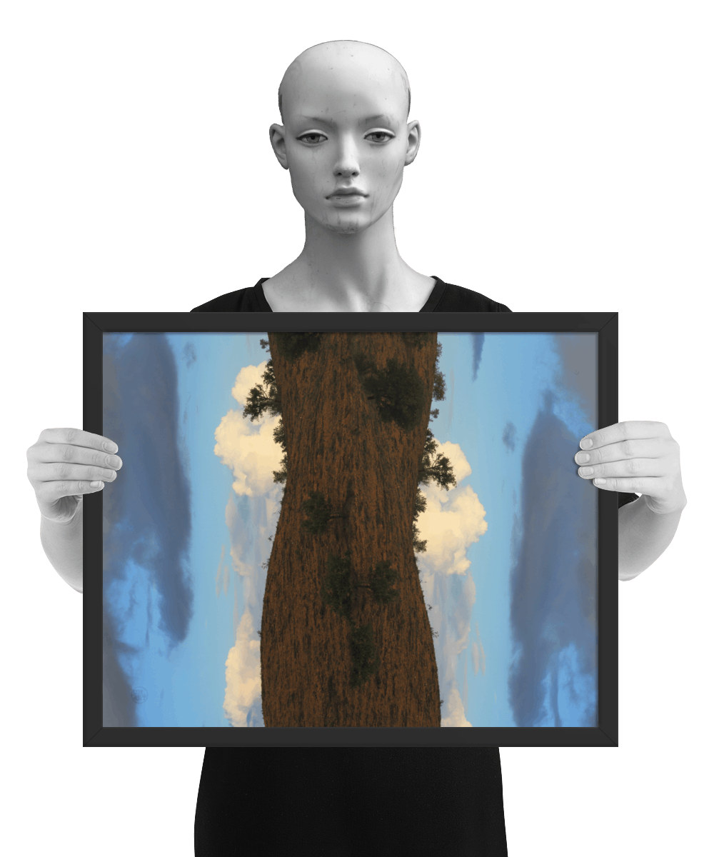 un4rt - the photographie is doubled and then mirrored to create the final image. the photographie shows a dry hilly landscape with some trees and a blue sky with grey and white clouds. the image is framed and presented by a mannequin in black and white.