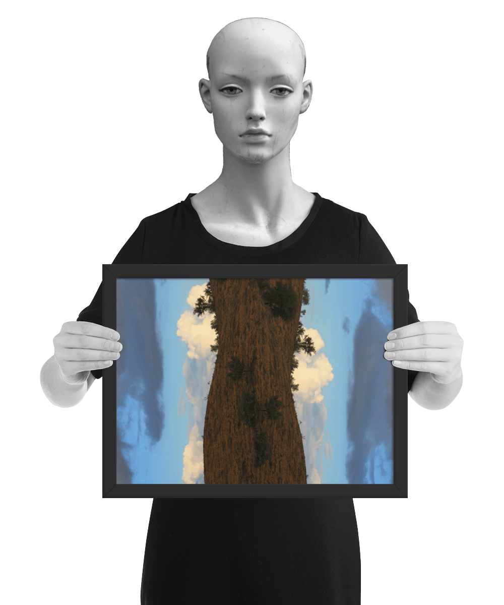 un4rt - the photographie is doubled and then mirrored to create the final image. the photographie shows a dry hilly landscape with some trees and a blue sky with grey and white clouds. the image is framed and presented by a mannequin in black and white.