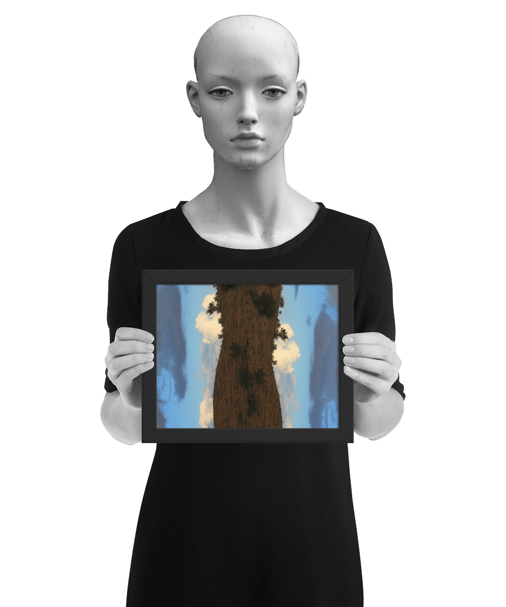un4rt - the photographie is doubled and then mirrored to create the final image. the photographie shows a dry hilly landscape with some trees and a blue sky with grey and white clouds. the image is framed and presented by a mannequin in black and white.