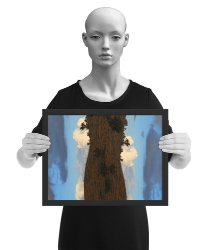 un4rt - the photographie is doubled and then mirrored to create the final image. the photographie shows a dry hilly landscape with some trees and a blue sky with grey and white clouds. the image is framed and presented by a mannequin in black and white.