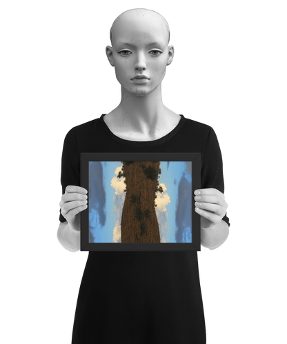 un4rt - the photographie is doubled and then mirrored to create the final image. the photographie shows a dry hilly landscape with some trees and a blue sky with grey and white clouds. the image is framed and presented by a mannequin in black and white.
