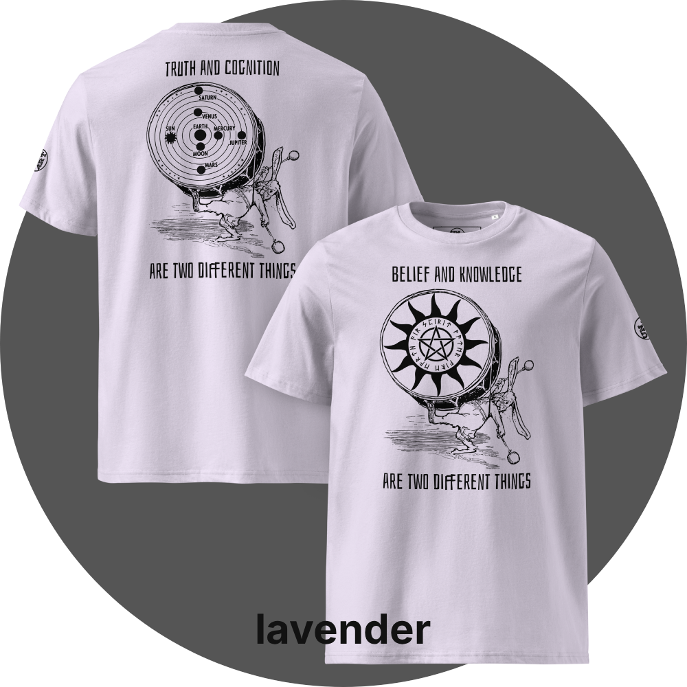 UN4RT lavender organic cotton t-shirt, front: black print with rabbit drumming, pentagram sun disc, "belief and knowledge are two different things", back: black print with rabbit drumming, solar system disc with planets, "truth and cognition are two different things". UN4RT logo on both left sleeves.