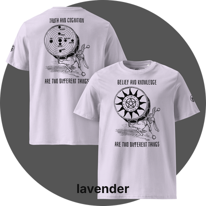 UN4RT lavender organic cotton t-shirt, front: black print with rabbit drumming, pentagram sun disc, "belief and knowledge are two different things", back: black print with rabbit drumming, solar system disc with planets, "truth and cognition are two different things". UN4RT logo on both left sleeves.