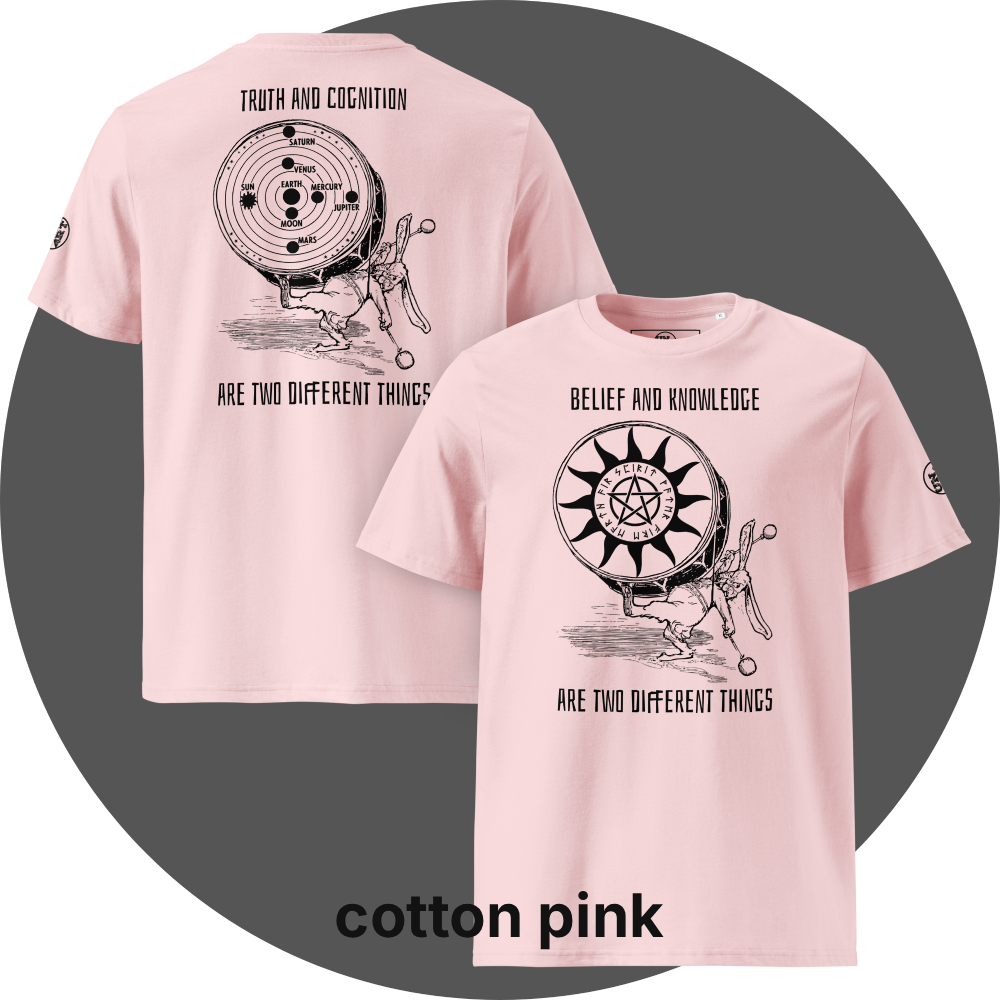 UN4RT cotton pink organic cotton t-shirt, front: black print with rabbit drumming, pentagram sun disc, "belief and knowledge are two different things", back: black print with rabbit drumming, solar system disc with planets, "truth and cognition are two different things". UN4RT logo on both left sleeves.