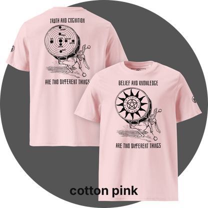 UN4RT cotton pink organic cotton t-shirt, front: black print with rabbit drumming, pentagram sun disc, "belief and knowledge are two different things", back: black print with rabbit drumming, solar system disc with planets, "truth and cognition are two different things". UN4RT logo on both left sleeves.