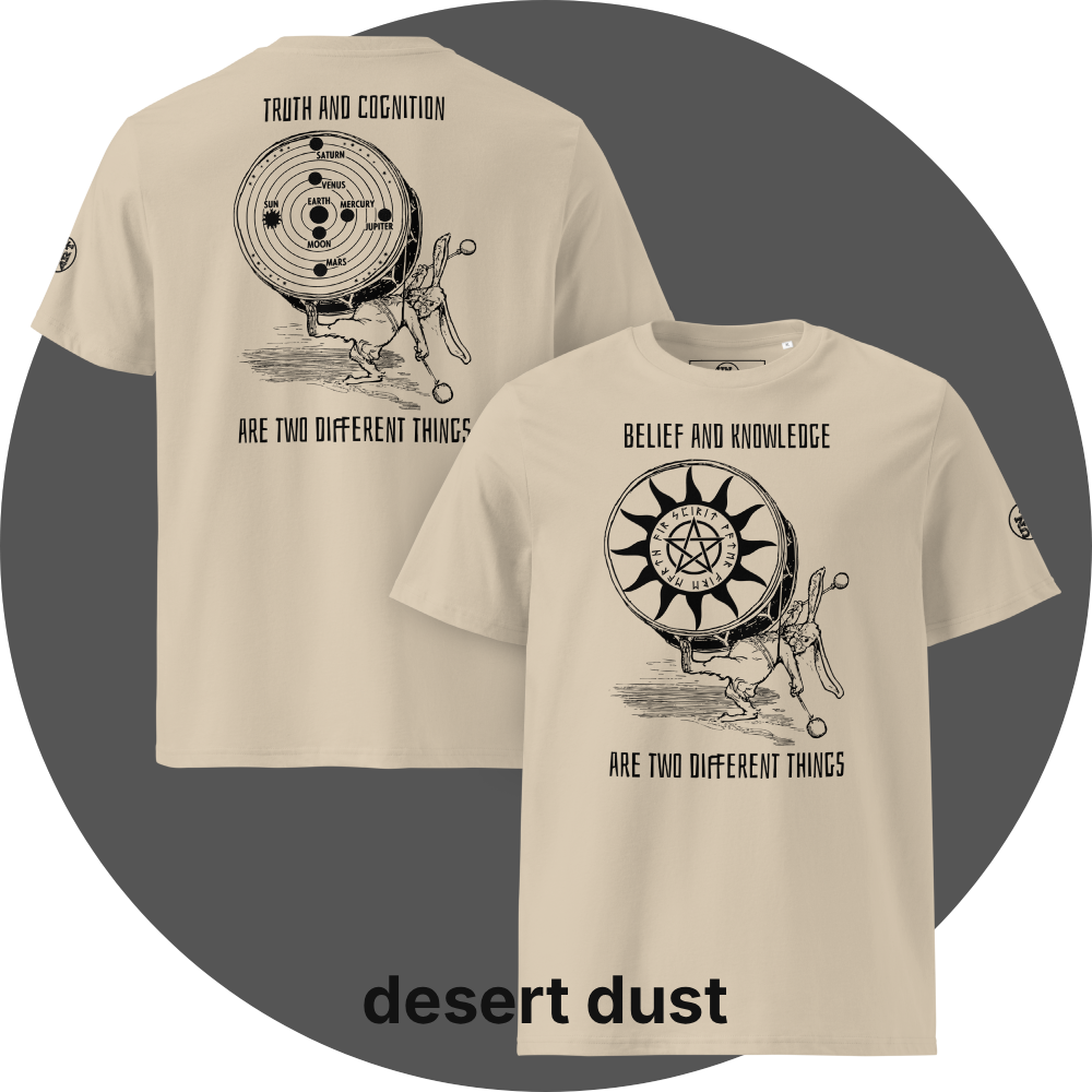 UN4RT desert dust organic cotton t-shirt, front: black print with rabbit drumming, pentagram sun disc, "belief and knowledge are two different things", back: black print with rabbit drumming, solar system disc with planets, "truth and cognition are two different things". UN4RT logo on both left sleeves.