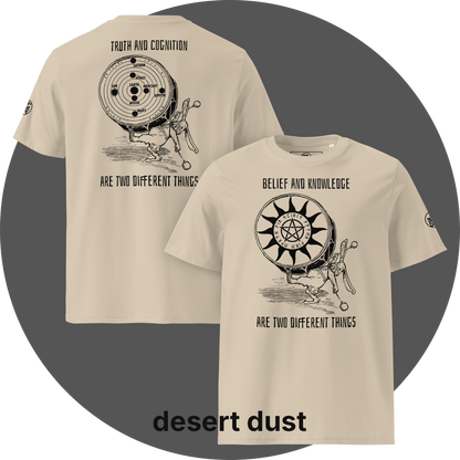 UN4RT desert dust organic cotton t-shirt, front: black print with rabbit drumming, pentagram sun disc, "belief and knowledge are two different things", back: black print with rabbit drumming, solar system disc with planets, "truth and cognition are two different things". UN4RT logo on both left sleeves.