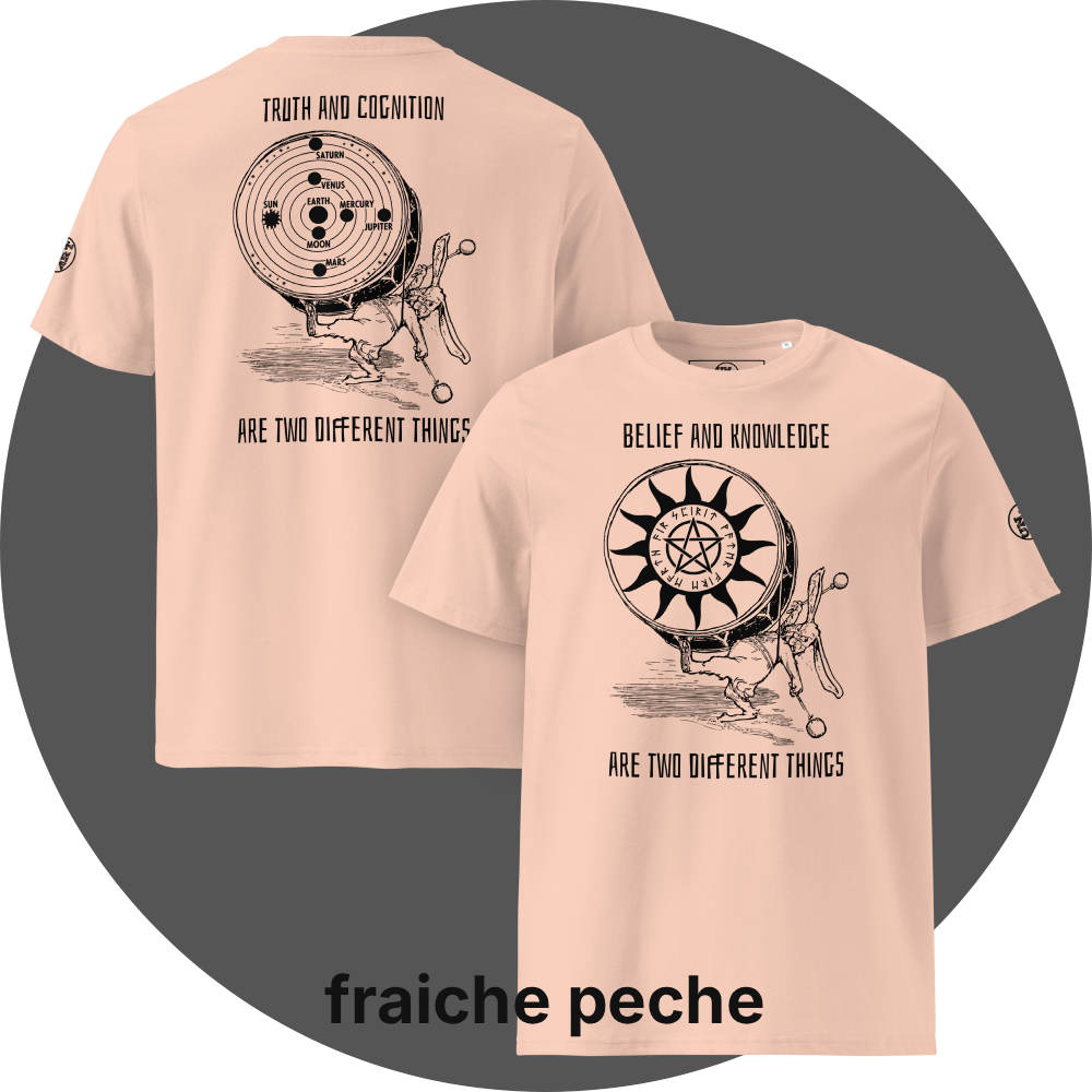 UN4RT fraiche peche organic cotton t-shirt, front: black print with rabbit drumming, pentagram sun disc, "belief and knowledge are two different things", back: black print with rabbit drumming, solar system disc with planets, "truth and cognition are two different things". UN4RT logo on both left sleeves.