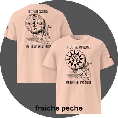 UN4RT fraiche peche organic cotton t-shirt, front: black print with rabbit drumming, pentagram sun disc, "belief and knowledge are two different things", back: black print with rabbit drumming, solar system disc with planets, "truth and cognition are two different things". UN4RT logo on both left sleeves.