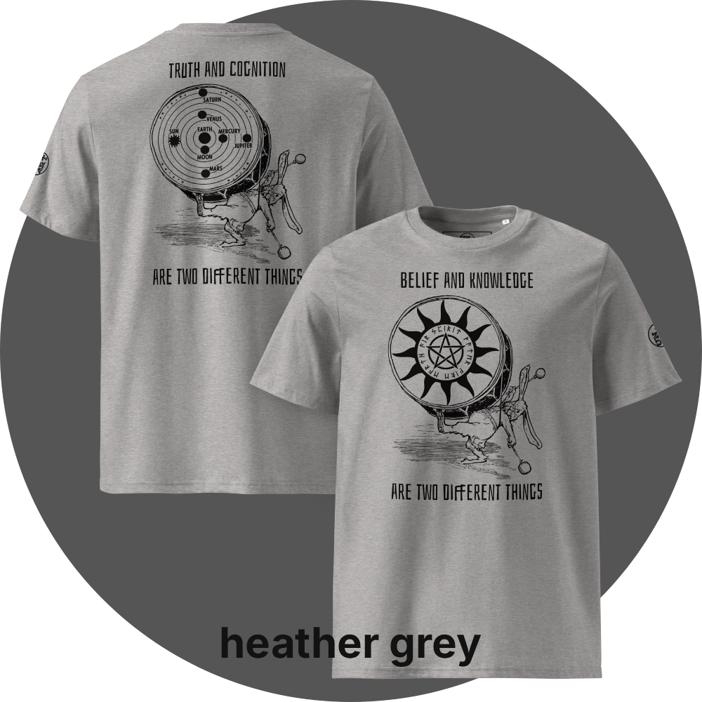 UN4RT heather grey organic cotton t-shirt, front: black print with rabbit drumming, pentagram sun disc, "belief and knowledge are two different things", back: black print with rabbit drumming, solar system disc with planets, "truth and cognition are two different things". UN4RT logo on both left sleeves.