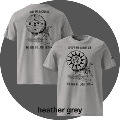UN4RT heather grey organic cotton t-shirt, front: black print with rabbit drumming, pentagram sun disc, "belief and knowledge are two different things", back: black print with rabbit drumming, solar system disc with planets, "truth and cognition are two different things". UN4RT logo on both left sleeves.
