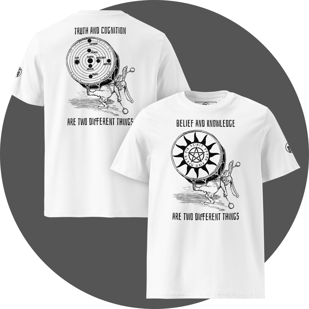 UN4RT white organic cotton t-shirt, front: black print with rabbit drumming, pentagram sun disc, "belief and knowledge are two different things", back: black print with rabbit drumming, solar system disc with planets, "truth and cognition are two different things". UN4RT logo on both left sleeves.