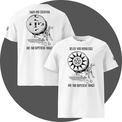 UN4RT white organic cotton t-shirt, front: black print with rabbit drumming, pentagram sun disc, "belief and knowledge are two different things", back: black print with rabbit drumming, solar system disc with planets, "truth and cognition are two different things". UN4RT logo on both left sleeves.