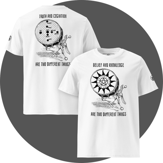 UN4RT white organic cotton t-shirt, front: black print with rabbit drumming, pentagram sun disc, "belief and knowledge are two different things", back: black print with rabbit drumming, solar system disc with planets, "truth and cognition are two different things". UN4RT logo on both left sleeves.