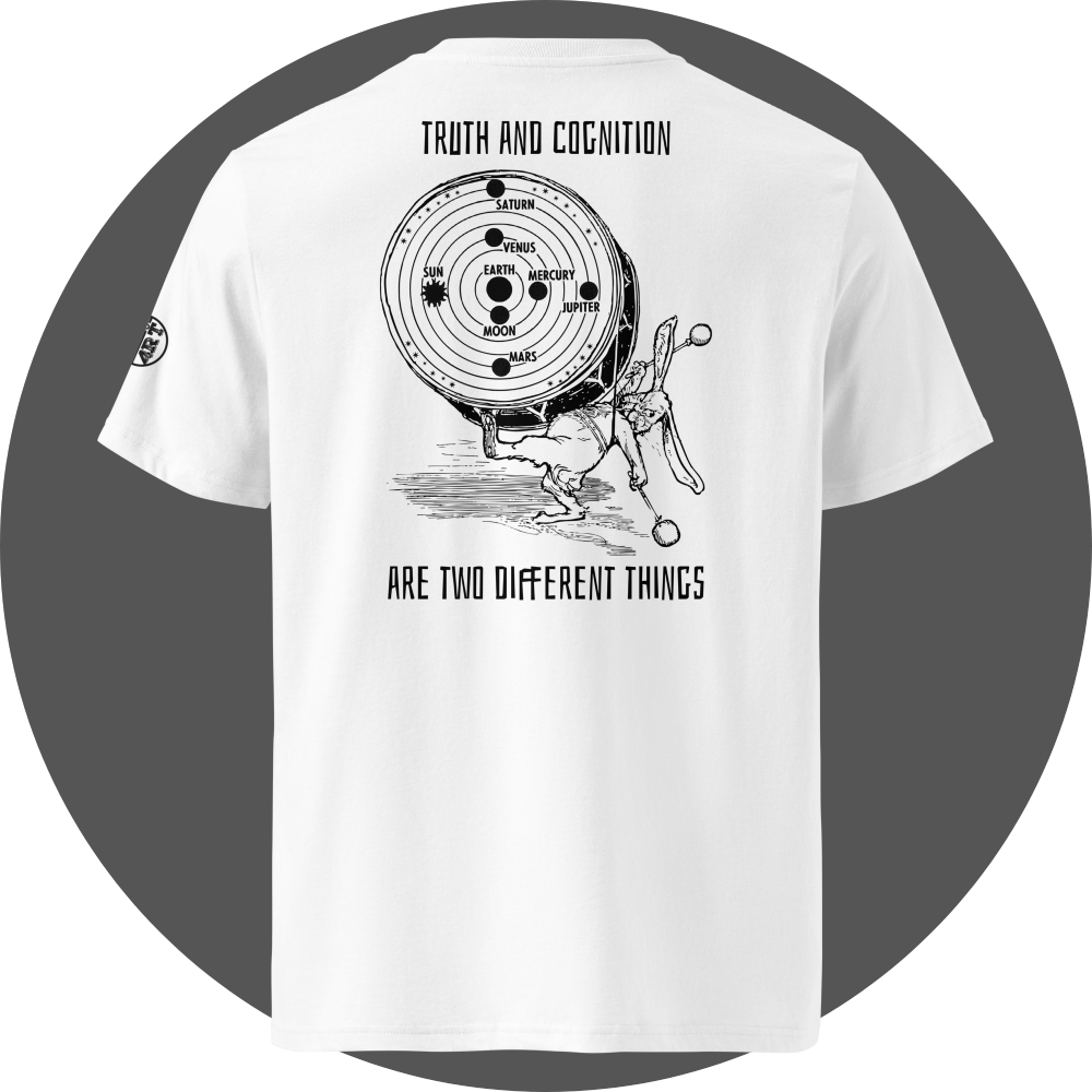 UN4RT white organic cotton t-shirt back view, vintage rabbit drumming while pushing solar system diagram with planets, text "truth and cognition are two different things". UN4RT logo on the left sleeve.
