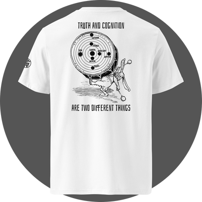 UN4RT white organic cotton t-shirt back view, vintage rabbit drumming while pushing solar system diagram with planets, text "truth and cognition are two different things". UN4RT logo on the left sleeve.
