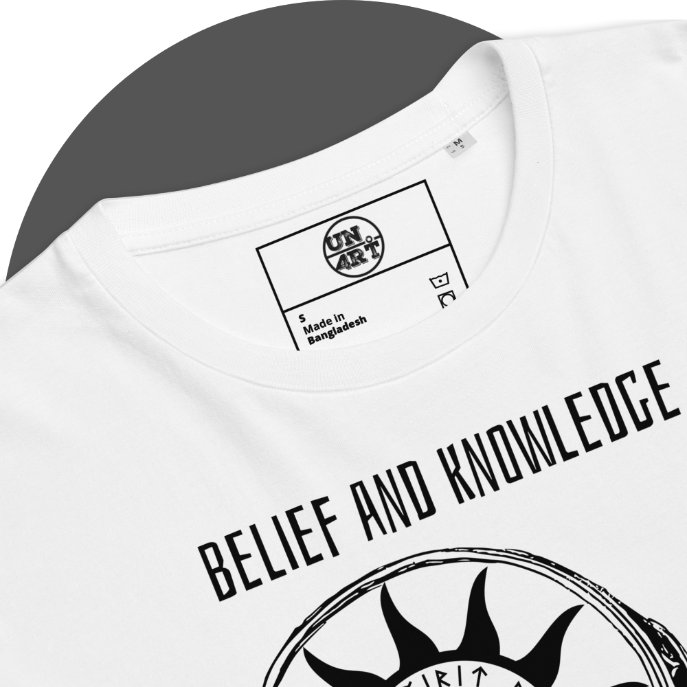 UN4RT white organic cotton t-shirt inner neck label with circle label logo and care symbols, "belief and knowledge" text partially visible below.
