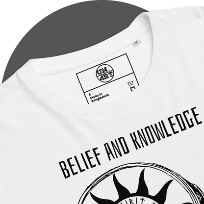 UN4RT white organic cotton t-shirt inner neck label with circle label logo and care symbols, "belief and knowledge" text partially visible below.
