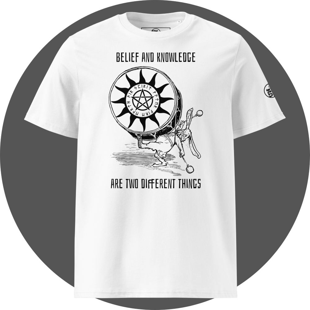 UN4RT white organic cotton t-shirt front view, black print with vintage rabbit drumming while pushing sun ray pentagram disc, text "belief and knowledge are two different things". UN4RT logo on the left sleeve.
