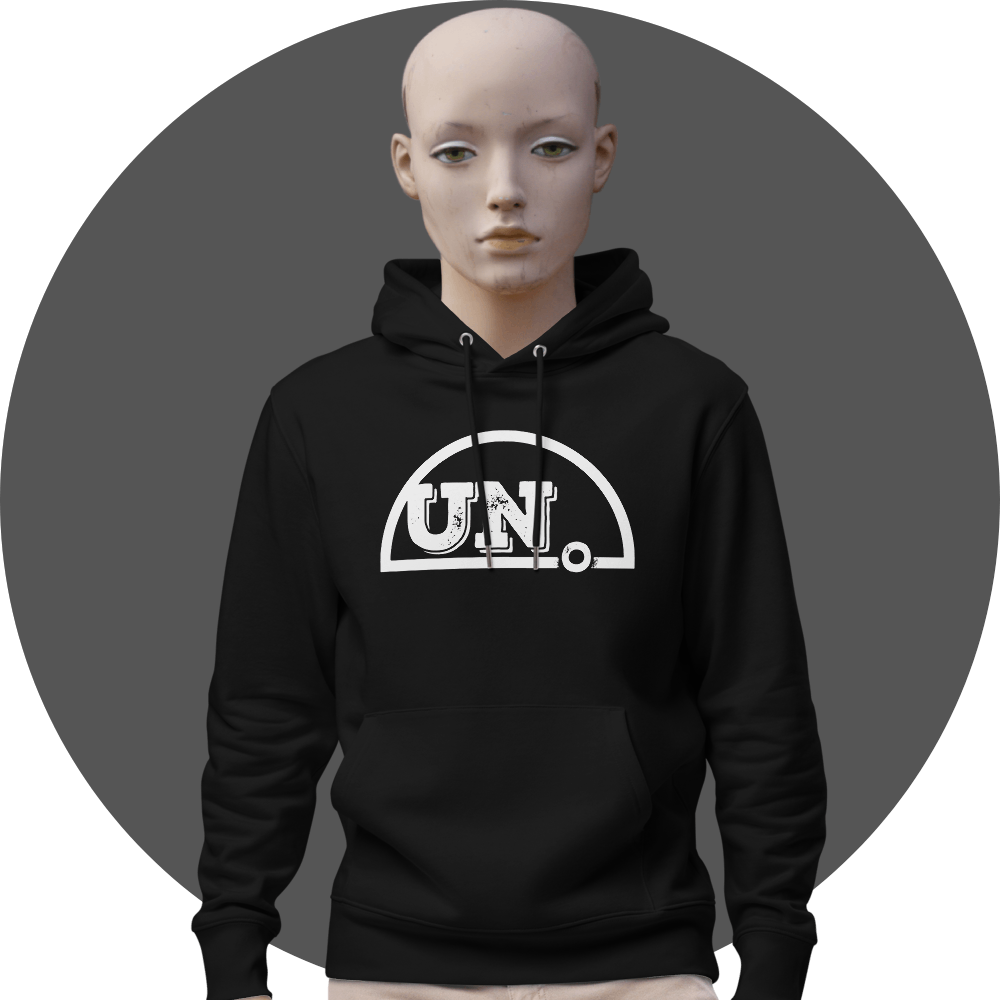 UN4RT black hoodie, large distressed white "UN." semicircle logo centered on chest, white drawstrings, kangaroo pocket, male mannequin front view, grey circular background.