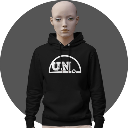 UN4RT black hoodie, large distressed white "UN." semicircle logo centered on chest, white drawstrings, kangaroo pocket, male mannequin front view, grey circular background.