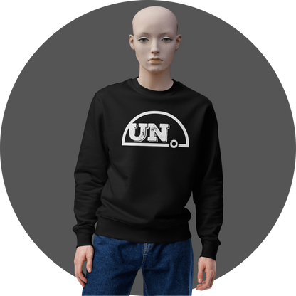 UN4RT black crewneck sweatshirt, large distressed white "UN." semicircle logo centered on chest, relaxed fit, mannequin front view, grey circular background.