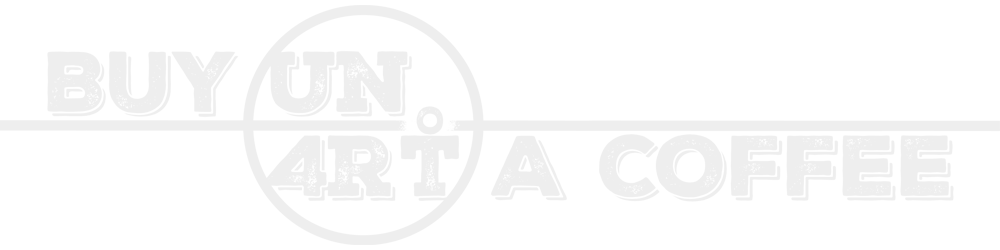 Graphic logo with the word mark UN4RT in light, coarse block letters, integrated into an elongated design with a horizontal line and a round element in the centre; the circle is divided horizontally, with UN at the top and 4RT at the bottom; a small circle above the T forms a stylised person together with the letter; to the left and right of the central circle element is additional text that extends the word mark [BUY UN4RT A COFFE]; transparent background.