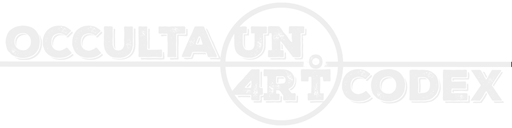 Graphic logo with the word mark UN4RT in light, coarse block letters, integrated into an elongated design with a horizontal line and a round element in the centre; the circle is divided horizontally, with UN at the top and 4RT at the bottom; a small circle above the T forms a stylised person together with the letter; to the left and right of the central circle element is additional text that extends the word mark [OCCULTA UN4RT CODEX]; transparent background.