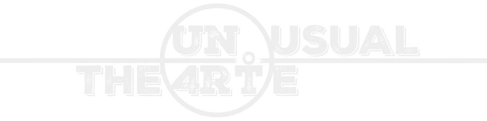 Graphic logo with the word mark UN4RT in light, coarse block letters, integrated into an elongated design with a horizontal line and a round element in the centre; the circle is divided horizontally, with UN at the top and 4RT at the bottom; a small circle above the T forms a stylised person together with the letter; to the left and right of the central circle element is additional text that extends the word mark [UNUSUAL THE4RTE]; transparent background.