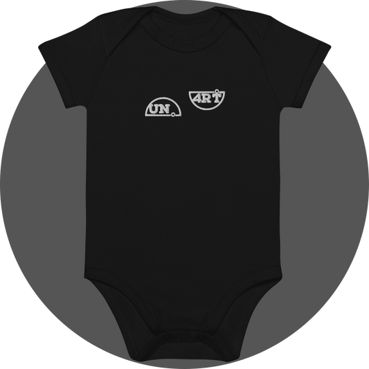 un4rt - the images shows the front of a black certified organic cotton baby bodysuit with white embroidery of the splitted "UN4RT"-logo.