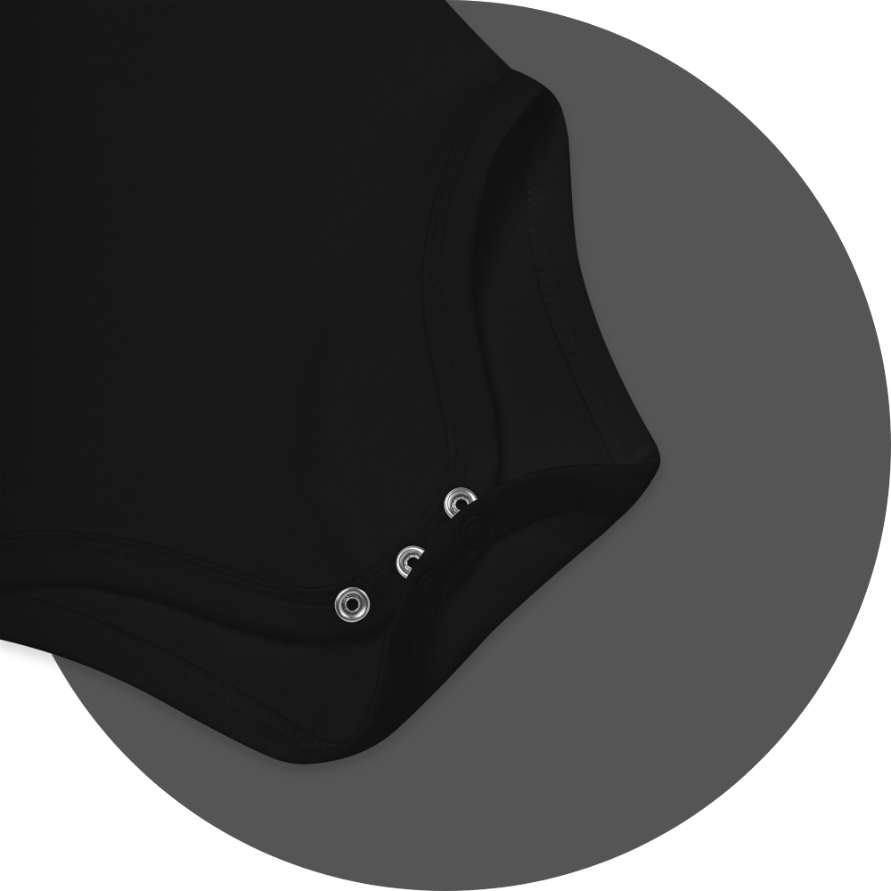 un4rt - the images shows details of a black certified organic cotton baby bodysuit with three metallic press studs.