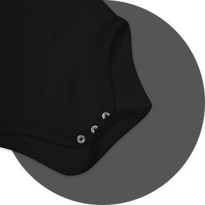 un4rt - the images shows details of a black certified organic cotton baby bodysuit with three metallic press studs.