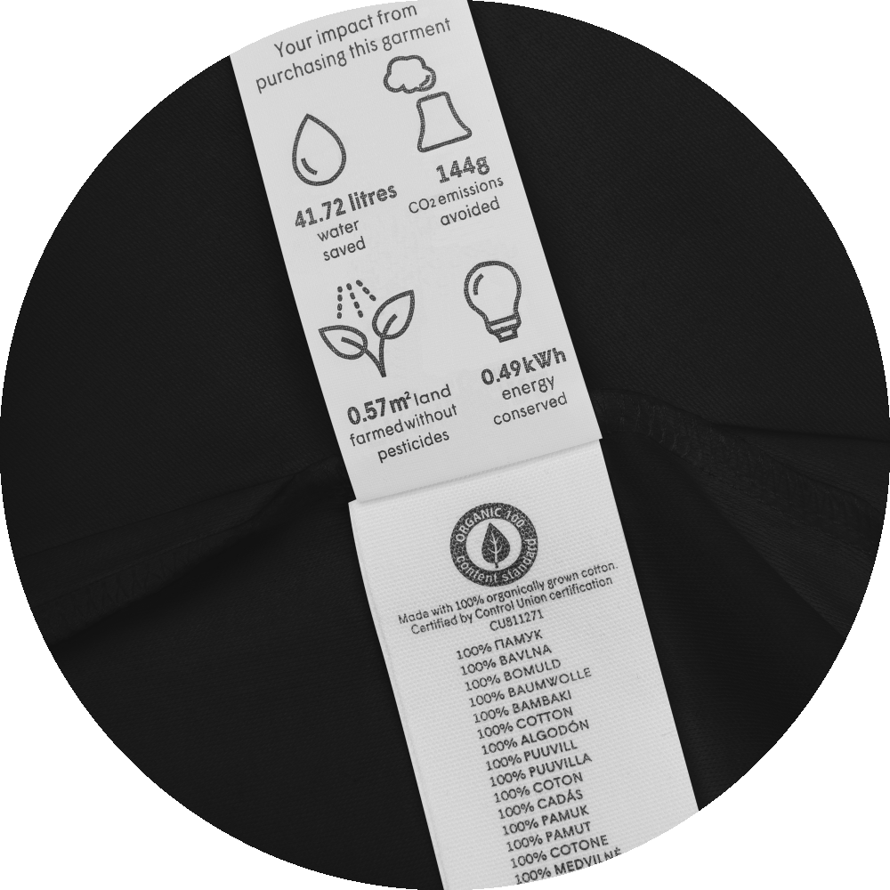 un4rt - the images shows the inside label of a black certified organic cotton baby bodysuit. various informations are printed on the label.