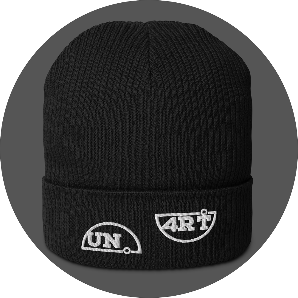 un4rt - the image shows a black certified organic cotton beanie with white embroidery of a splitted "UN4RT"-logo.