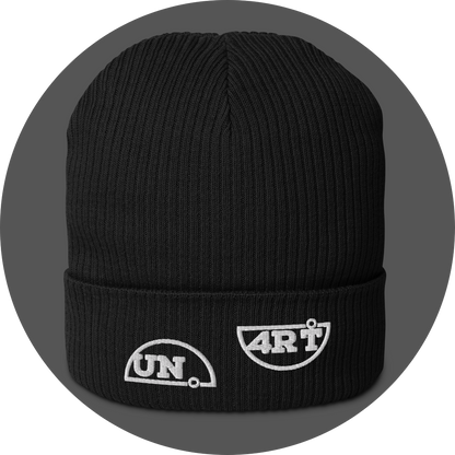 un4rt - the image shows a black certified organic cotton beanie with white embroidery of a splitted "UN4RT"-logo.
