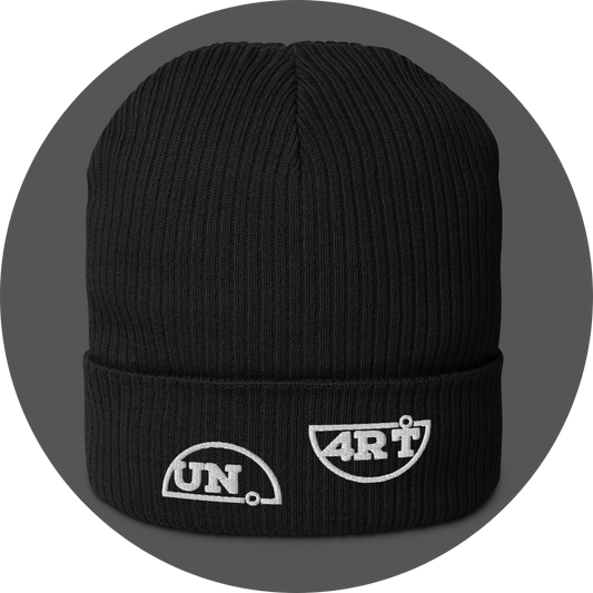 un4rt - the image shows a black certified organic cotton beanie with white embroidery of a splitted "UN4RT"-logo.