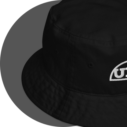 un4rt - the image shows details of a black cotton bucket hat with a part of a white embroidery of a splitted "UN4RT"-logo.