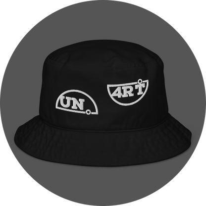un4rt - the image shows a black cotton bucket hat with white embroidery of a splitted "UN4RT"-logo.