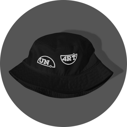 un4rt - the image shows a crushed black cotton bucket hat with white embroidery of a splitted "UN4RT"-logo.