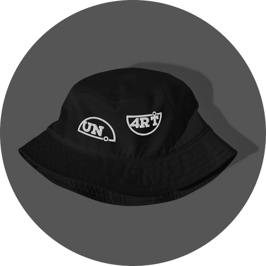 un4rt - the image shows a crushed black cotton bucket hat with white embroidery of a splitted "UN4RT"-logo.