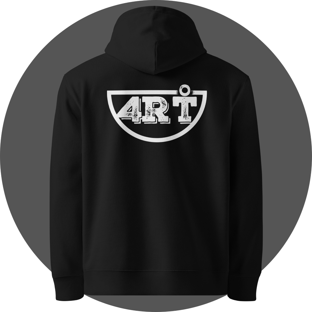 un4rt - the image shows the back of a black cotton hoodie with a big white print of the lower part of the "UN4RT"-logo centered on the back.