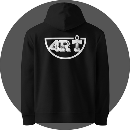 un4rt - the image shows the back of a black cotton hoodie with a big white print of the lower part of the "UN4RT"-logo centered on the back.