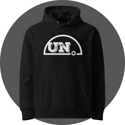 un4rt - the image shows the front of a black cotton hoodie with a big white print of the upper part of the "UN4RT"-logo.