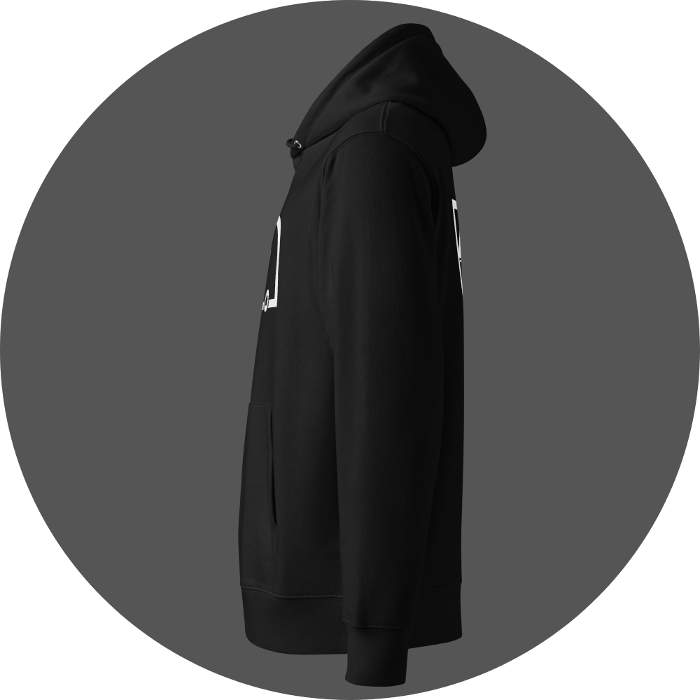 un4rt - the image shows the left side of a black cotton hoodie. the splitted UN4RT-logo is partially visible on the front and the back.