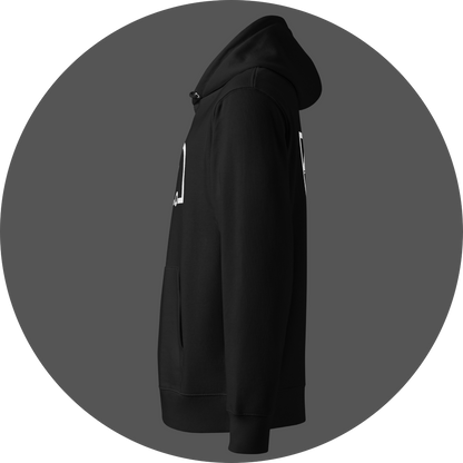un4rt - the image shows the left side of a black cotton hoodie. the splitted UN4RT-logo is partially visible on the front and the back.