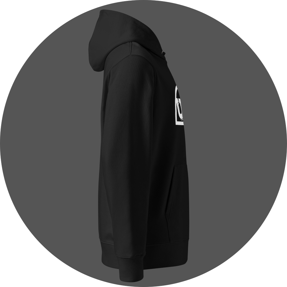 un4rt - the image shows the right side of a black cotton hoodie. the upper part of the UN4RT-logo is partially visible at the front.