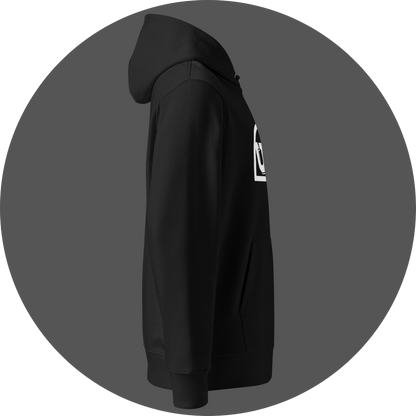 un4rt - the image shows the right side of a black cotton hoodie. the upper part of the UN4RT-logo is partially visible at the front.